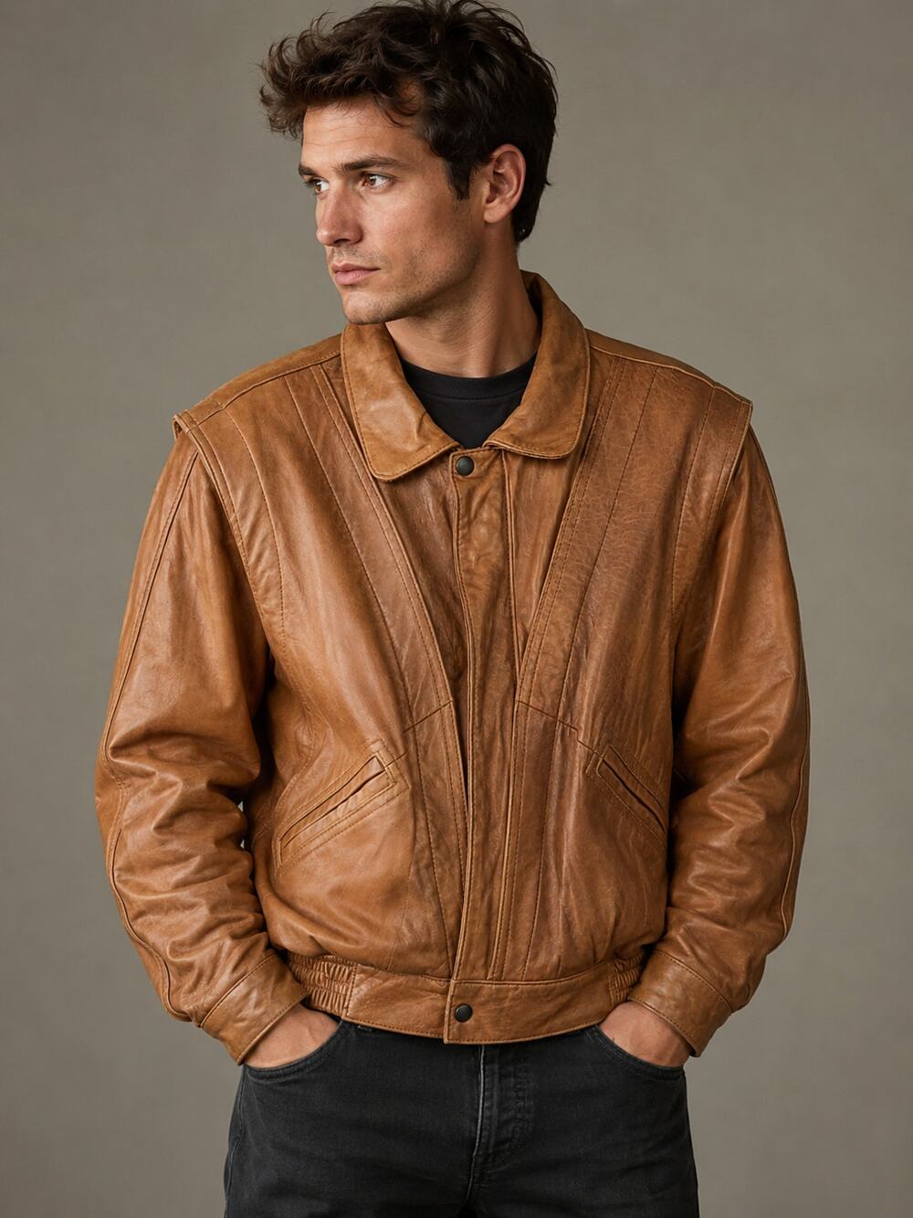 CACCIA Men's SZ M Vintage Camel Color Buttery Soft Leather Bomber Jacket 80's
